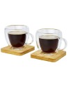 Sets de dos tazas de vidrio 100 ml con posavasos de bambú