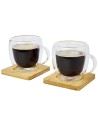 Sets de dos tazas de vidrio con posavasos de bambú